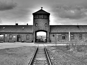 The entrance to Auschwitz-Berkenau where 1.1m people are believed to have been put to death.